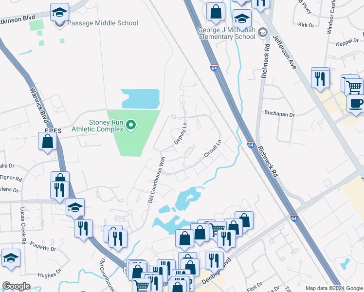 map of restaurants, bars, coffee shops, grocery stores, and more near 393 Deputy Lane in Newport News