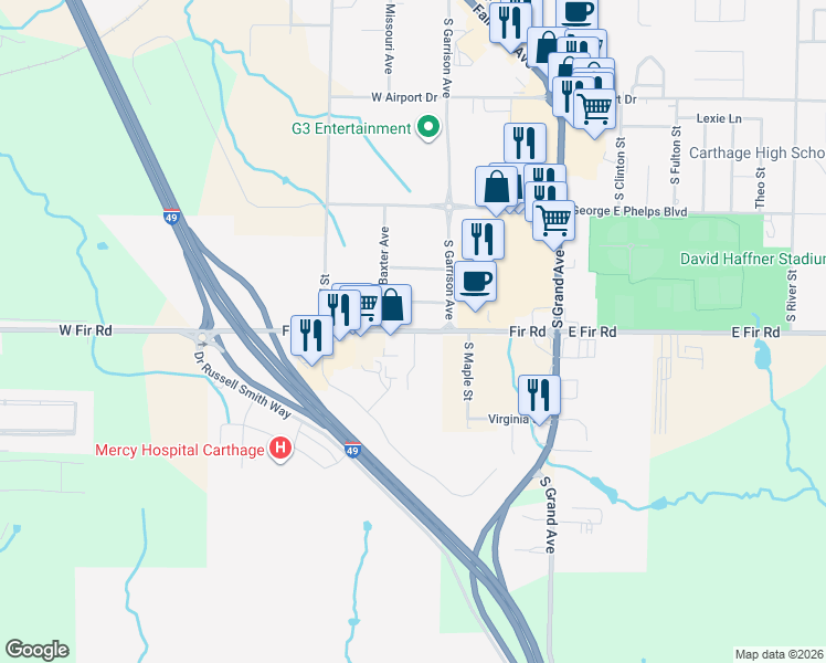 map of restaurants, bars, coffee shops, grocery stores, and more near 410 West Fir Road in Carthage