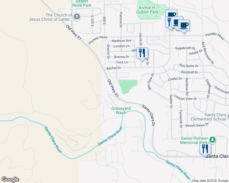 map of restaurants, bars, coffee shops, grocery stores, and more near East Old US Highway 91 in Santa Clara