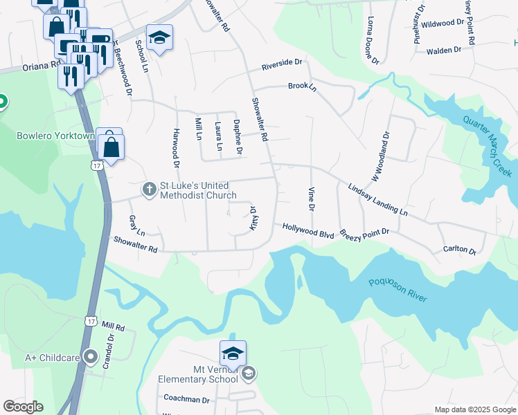 map of restaurants, bars, coffee shops, grocery stores, and more near 122 Kitty Drive in Yorktown