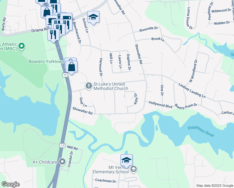 map of restaurants, bars, coffee shops, grocery stores, and more near 114 Rural Retreat Road in Yorktown