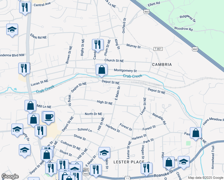 map of restaurants, bars, coffee shops, grocery stores, and more near 849 Hall Street Northeast in Christiansburg