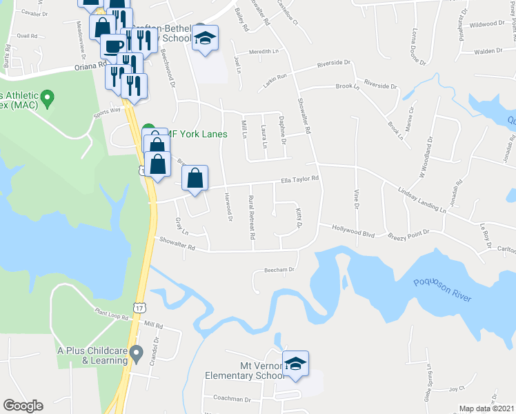 map of restaurants, bars, coffee shops, grocery stores, and more near 114 Rural Retreat Road in Yorktown