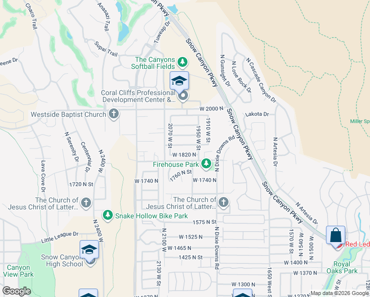 map of restaurants, bars, coffee shops, grocery stores, and more near 1996 West 1820 North in St. George