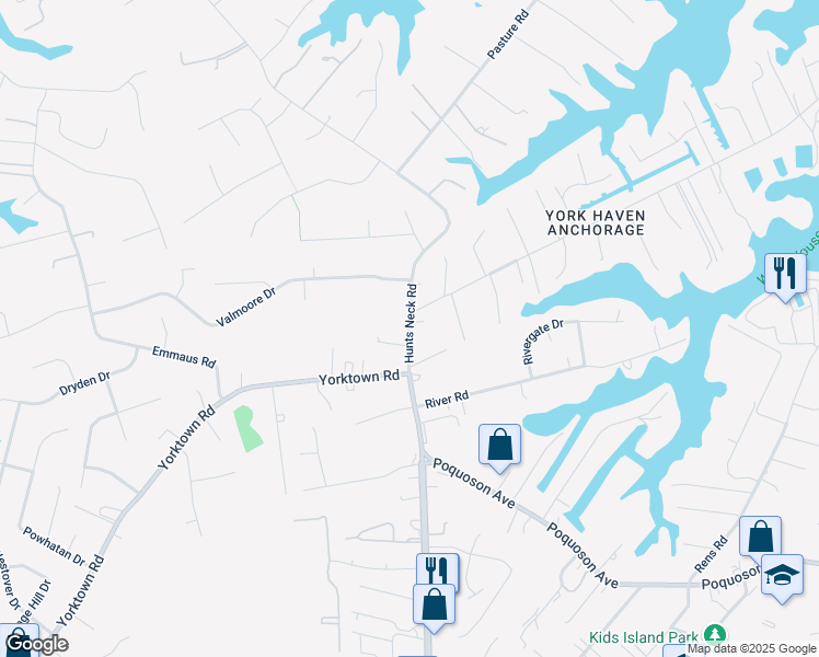 map of restaurants, bars, coffee shops, grocery stores, and more near 8 Hunts Neck Road in Poquoson