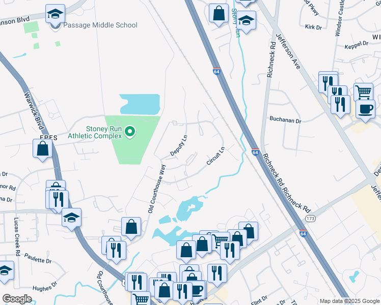 map of restaurants, bars, coffee shops, grocery stores, and more near 389 Jury Lane in Newport News