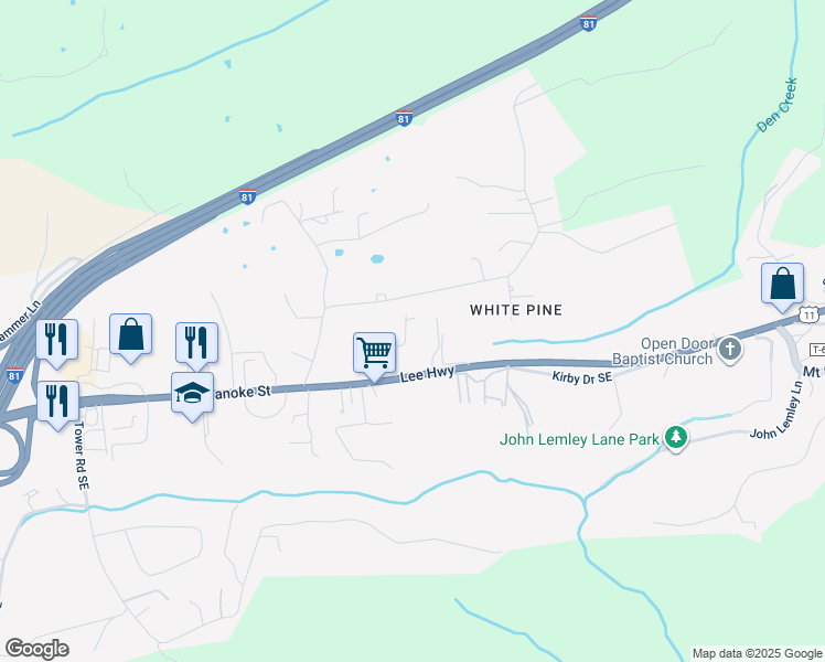 map of restaurants, bars, coffee shops, grocery stores, and more near 75 Nursery Lane Northeast in Christiansburg