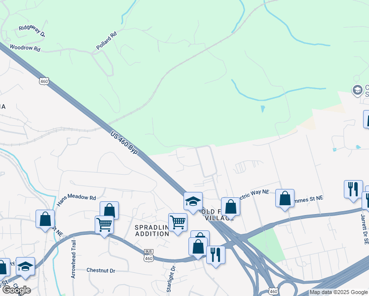 map of restaurants, bars, coffee shops, grocery stores, and more near 1600 Simpson Road Northeast in Christiansburg