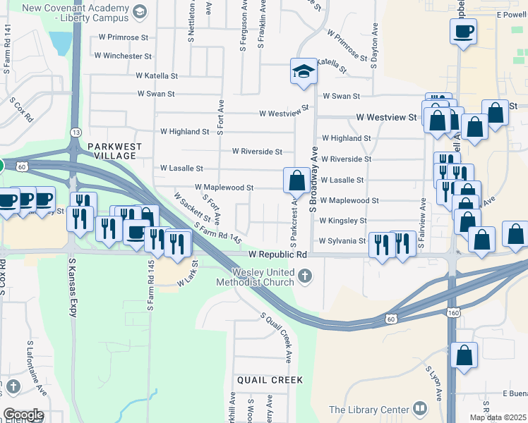 map of restaurants, bars, coffee shops, grocery stores, and more near 4068 South Parkhill Court in Springfield