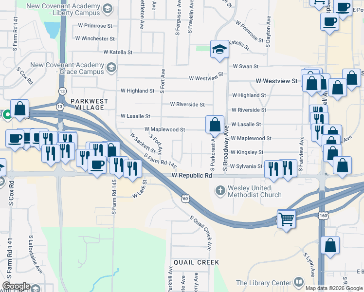 map of restaurants, bars, coffee shops, grocery stores, and more near 4067 South Franklin Avenue in Springfield