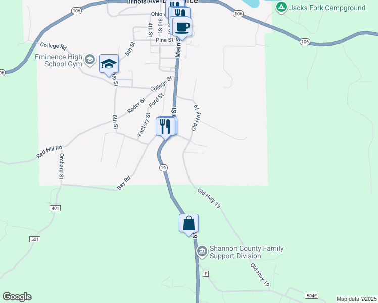map of restaurants, bars, coffee shops, grocery stores, and more near 17619 Old Highway 19 in Eminence