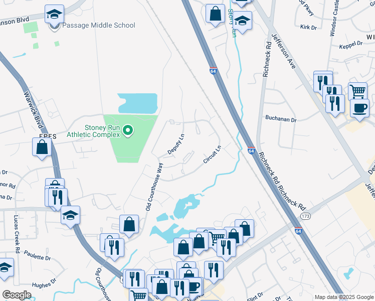 map of restaurants, bars, coffee shops, grocery stores, and more near 388 Jury Lane in Newport News