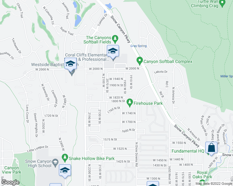 map of restaurants, bars, coffee shops, grocery stores, and more near 1996 West 1820 North in St. George