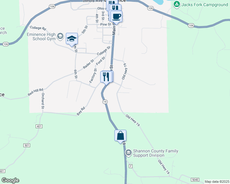 map of restaurants, bars, coffee shops, grocery stores, and more near 17619 Old Highway 19 in Eminence