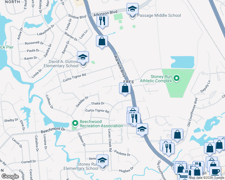 map of restaurants, bars, coffee shops, grocery stores, and more near 910 Sparrow Court in Newport News