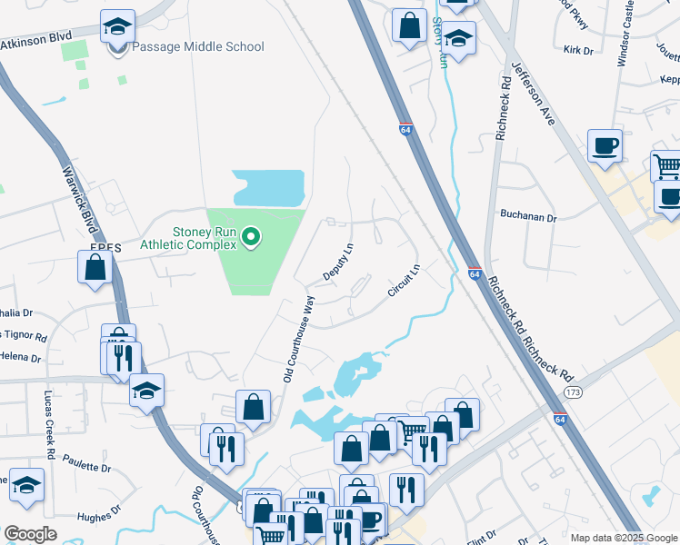 map of restaurants, bars, coffee shops, grocery stores, and more near 393 Deputy Lane in Newport News