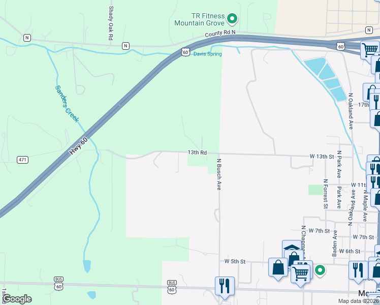 map of restaurants, bars, coffee shops, grocery stores, and more near West 13th Street in Mountain Grove