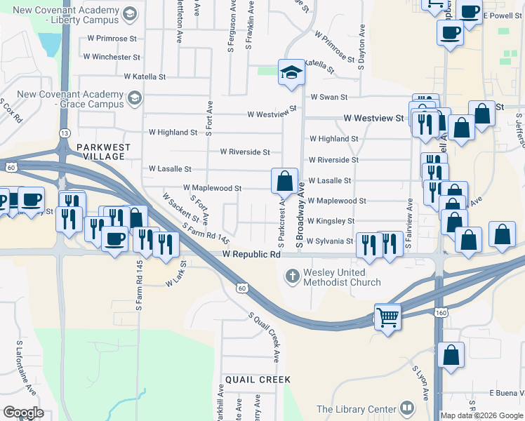 map of restaurants, bars, coffee shops, grocery stores, and more near 4053 South Miranda Court in Springfield