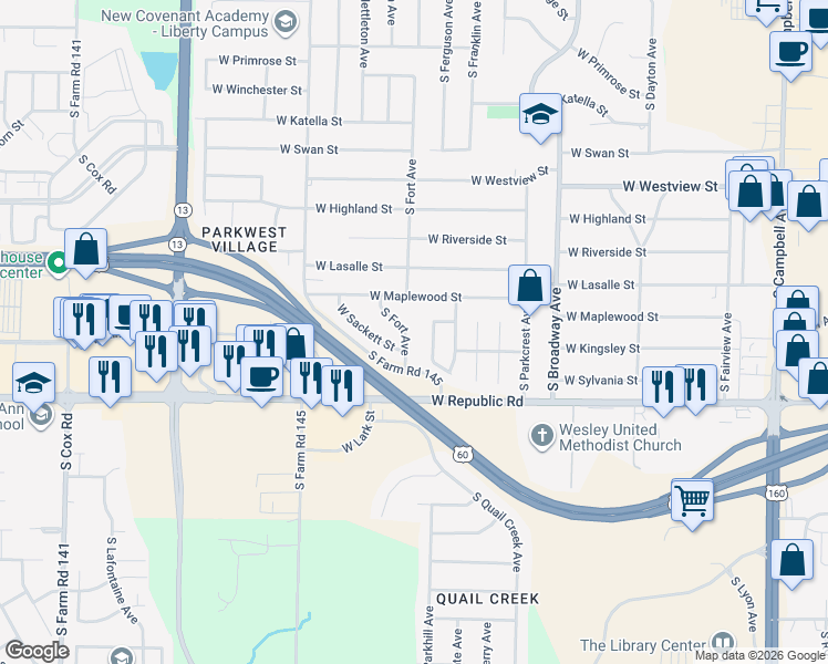 map of restaurants, bars, coffee shops, grocery stores, and more near 4058 South Fort Avenue in Springfield