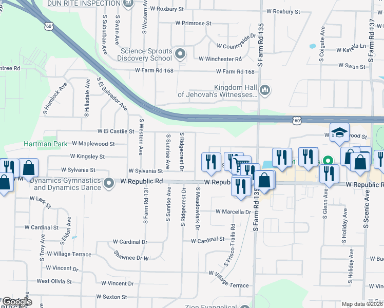 map of restaurants, bars, coffee shops, grocery stores, and more near 4104 South Ridgecrest Drive in Springfield