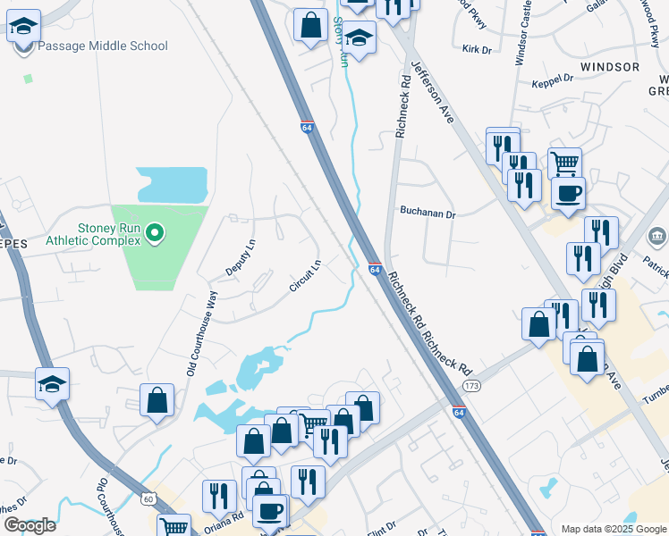 map of restaurants, bars, coffee shops, grocery stores, and more near 504 Magistrate Lane in Newport News