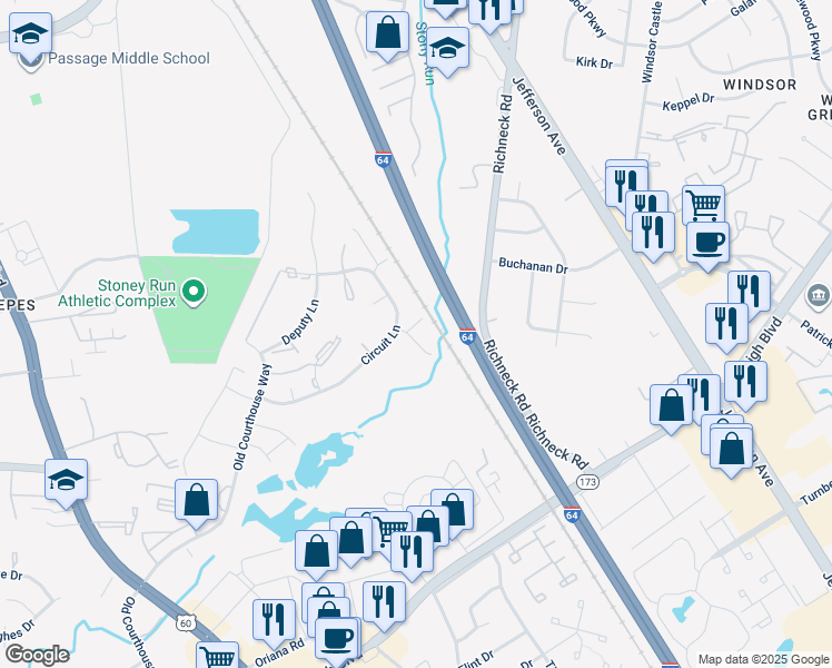 map of restaurants, bars, coffee shops, grocery stores, and more near 504 Magistrate Lane in Newport News