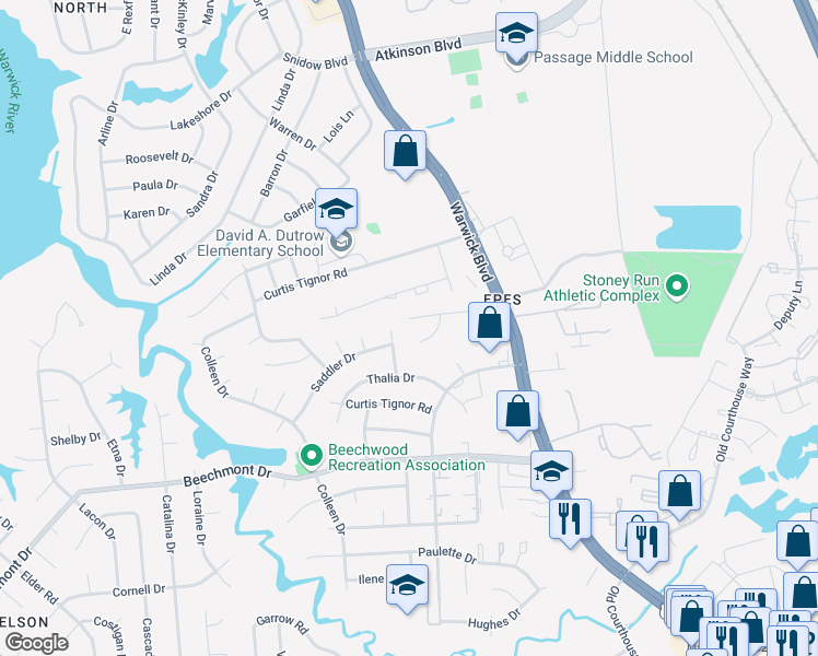 map of restaurants, bars, coffee shops, grocery stores, and more near 306 Bexley Park Way in Newport News