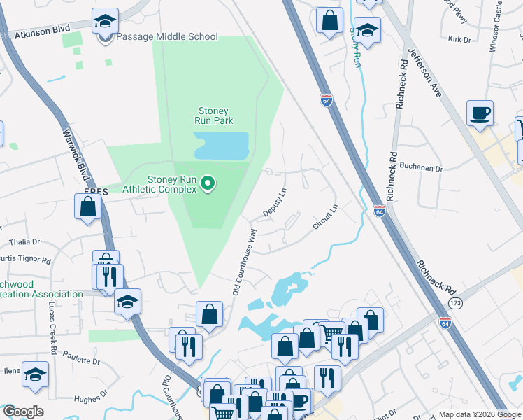map of restaurants, bars, coffee shops, grocery stores, and more near 398 Deputy Lane in Newport News