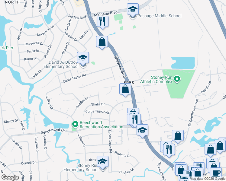 map of restaurants, bars, coffee shops, grocery stores, and more near 910 Sparrow Court in Newport News