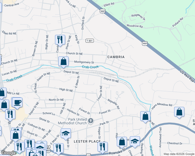 map of restaurants, bars, coffee shops, grocery stores, and more near 820 Lester St NE in Christiansburg
