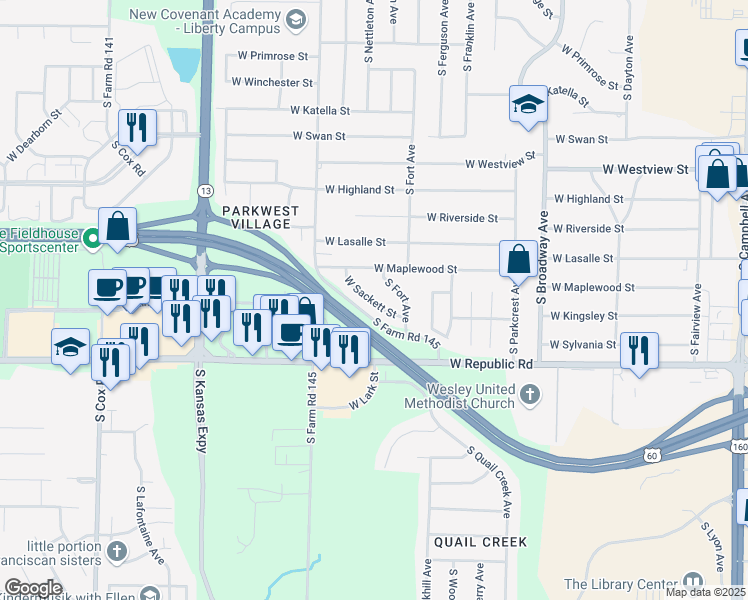 map of restaurants, bars, coffee shops, grocery stores, and more near 1340 West Sackett Street in Springfield