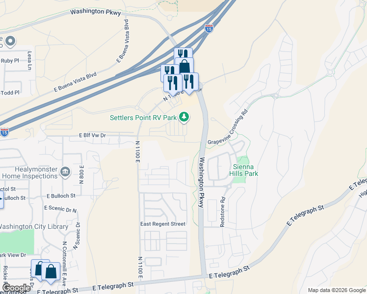 map of restaurants, bars, coffee shops, grocery stores, and more near 1383 Vista Roja Place in Washington