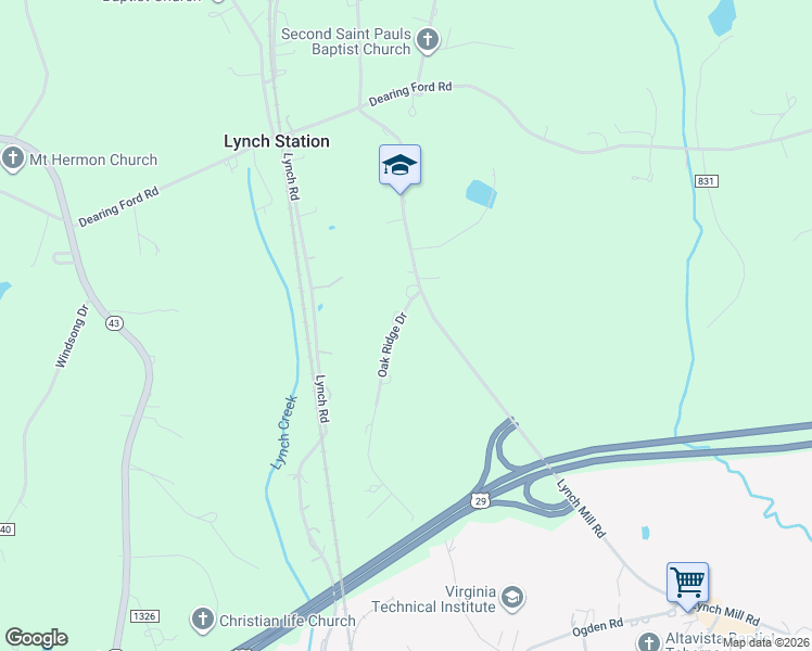 map of restaurants, bars, coffee shops, grocery stores, and more near 152 Oak Ridge Drive in Altavista