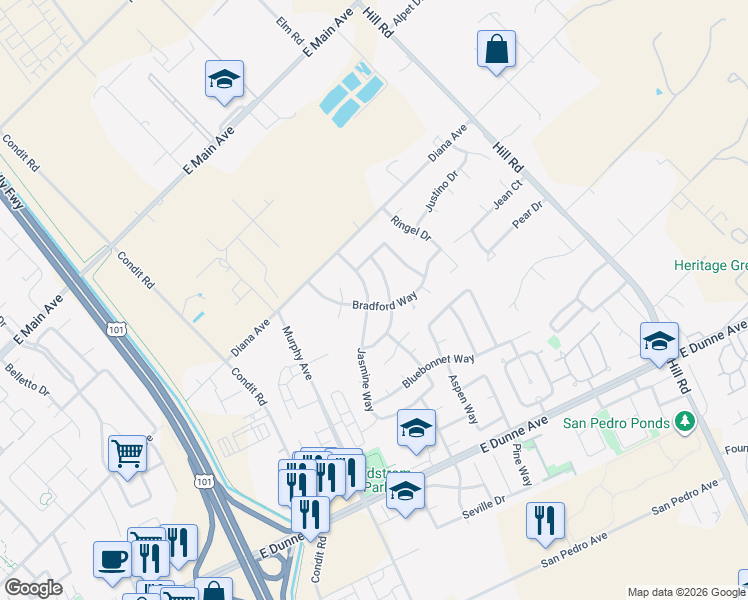 map of restaurants, bars, coffee shops, grocery stores, and more near 1195 Jasmine Way in Morgan Hill
