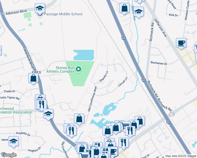 map of restaurants, bars, coffee shops, grocery stores, and more near 396 Deputy Lane in Newport News