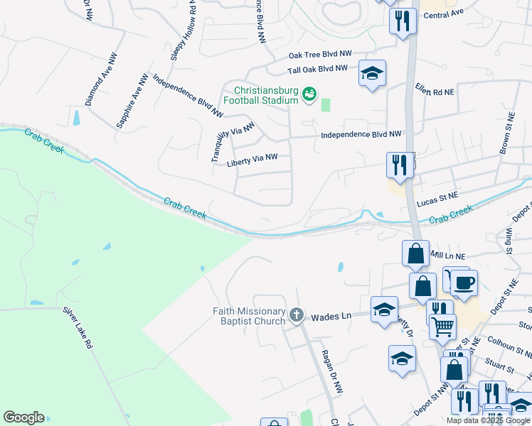 map of restaurants, bars, coffee shops, grocery stores, and more near 1000 George Edward Via Northwest in Christiansburg