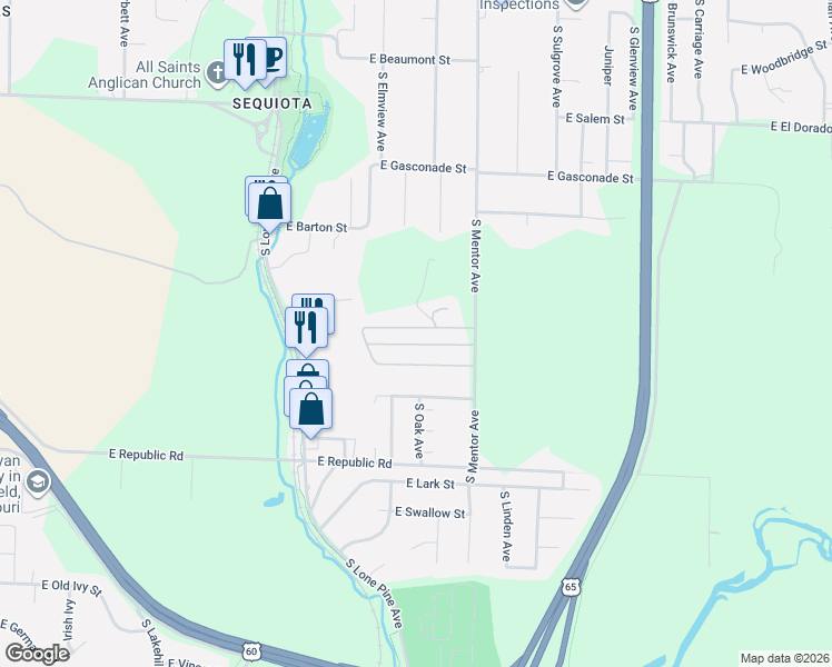 map of restaurants, bars, coffee shops, grocery stores, and more near 3951 South Mentor Avenue in Springfield