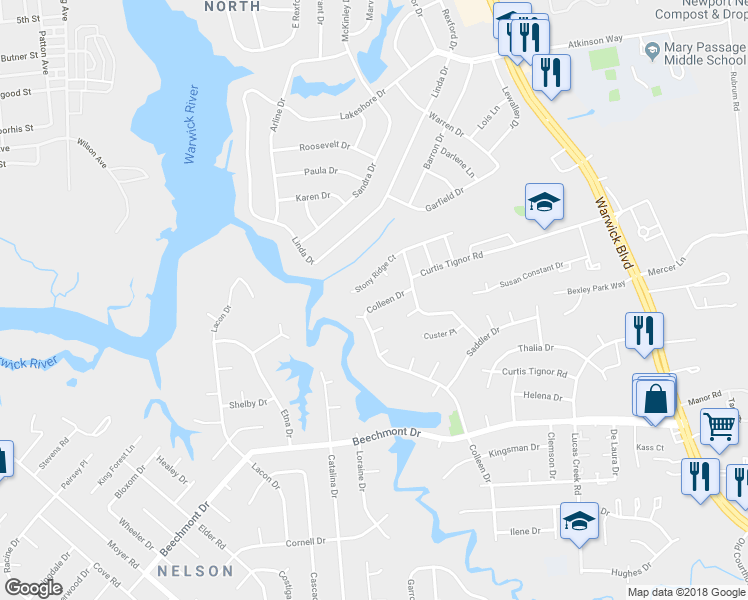 map of restaurants, bars, coffee shops, grocery stores, and more near 987 Colleen Drive in Newport News
