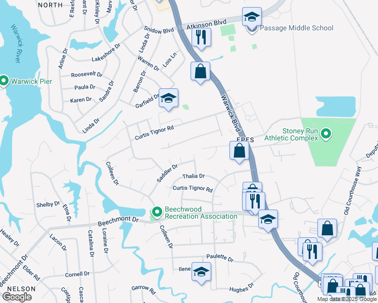 map of restaurants, bars, coffee shops, grocery stores, and more near 937 Coloma Drive in Newport News