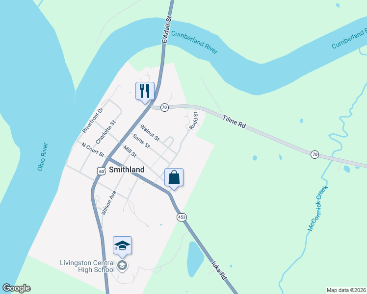 map of restaurants, bars, coffee shops, grocery stores, and more near 411 Rudd Street in Smithland