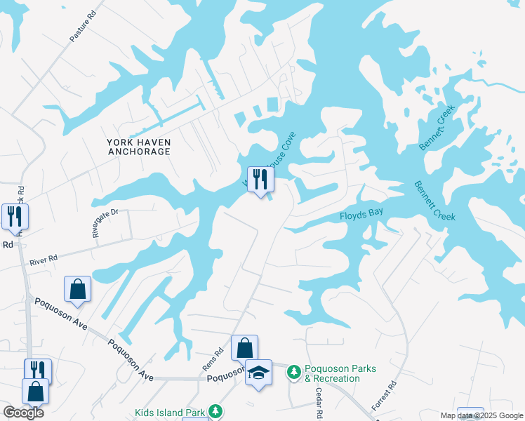 map of restaurants, bars, coffee shops, grocery stores, and more near 105 Rens Road in Poquoson