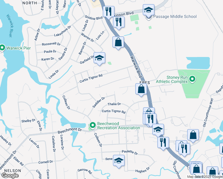 map of restaurants, bars, coffee shops, grocery stores, and more near 937 Coloma Drive in Newport News