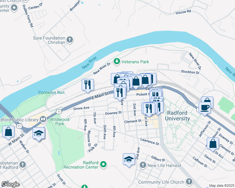 map of restaurants, bars, coffee shops, grocery stores, and more near 1317 Pickett Street in Radford