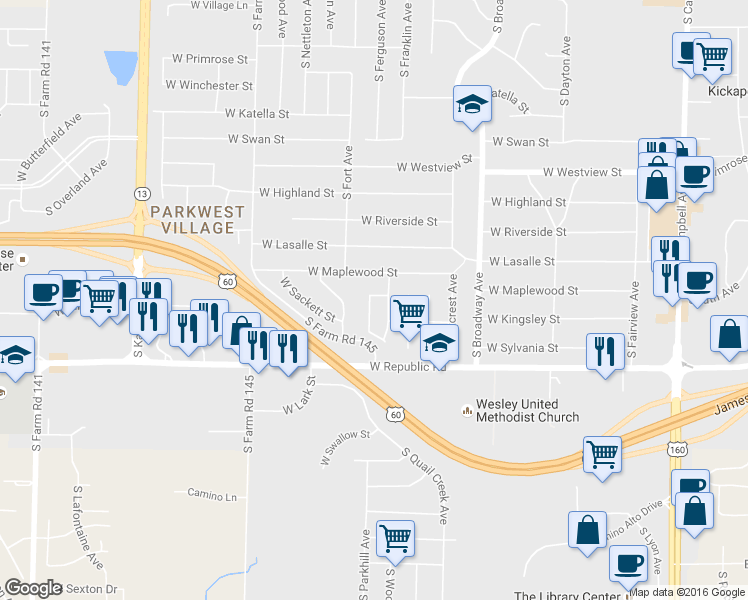 map of restaurants, bars, coffee shops, grocery stores, and more near 4067 South Franklin Avenue in Springfield
