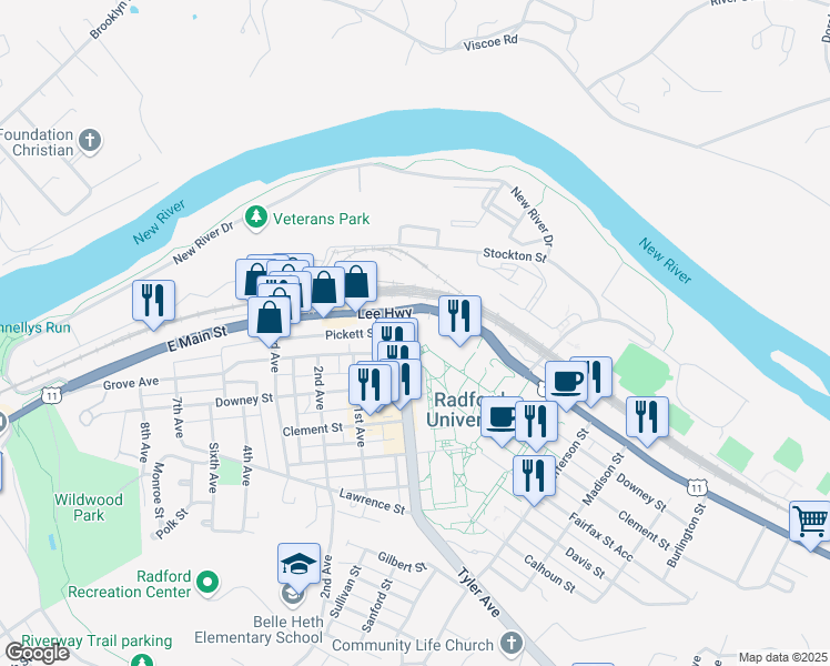 map of restaurants, bars, coffee shops, grocery stores, and more near in Radford