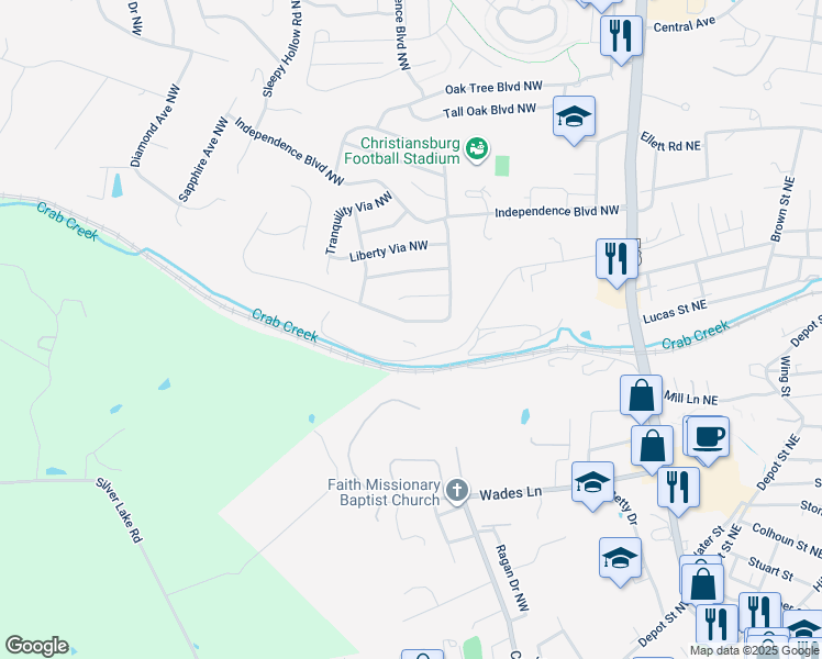 map of restaurants, bars, coffee shops, grocery stores, and more near 1000 George Edward Via Northwest in Christiansburg