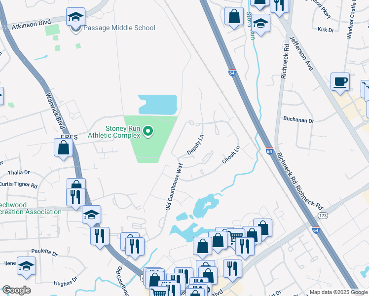 map of restaurants, bars, coffee shops, grocery stores, and more near 396 Deputy Lane in Newport News