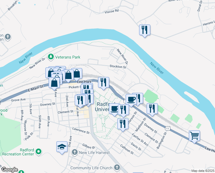 map of restaurants, bars, coffee shops, grocery stores, and more near 925 East Main Street in Radford