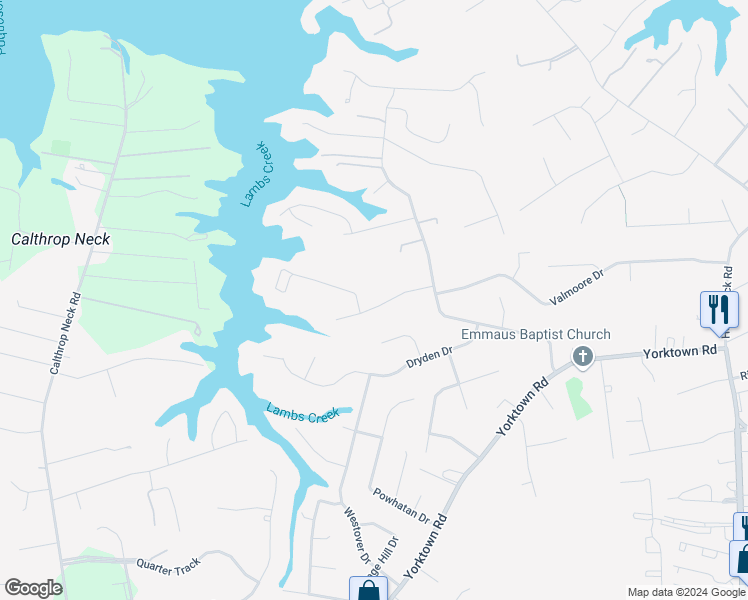 map of restaurants, bars, coffee shops, grocery stores, and more near 14 Pickins Lane in Poquoson