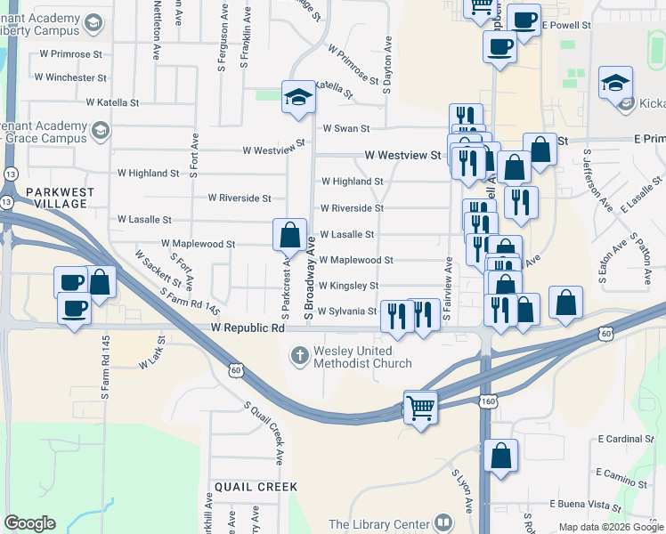 map of restaurants, bars, coffee shops, grocery stores, and more near 821 W Kingsley St in Springfield